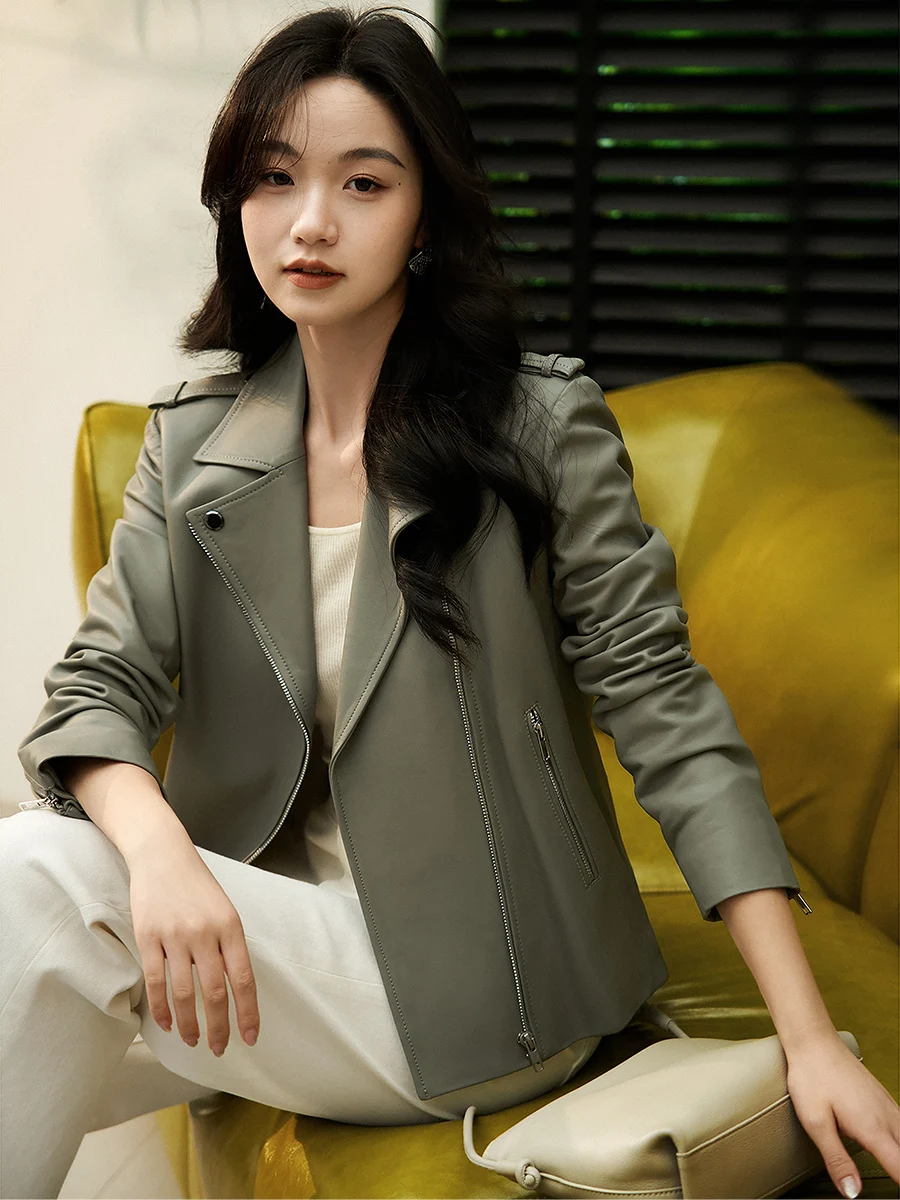 

Cool Sle eepskin Biker Jaet Outerwear by Xhange Spring 2026 Slimming Faionable Commute Wind Zipper Straight Cut Leather