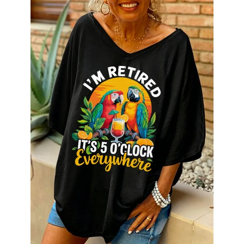 ilstile Women's Parrot Letter Print T-Shirts Summer Music Festival Short Sleeve Casual Loose V Neck Long Tops Black White Tees
