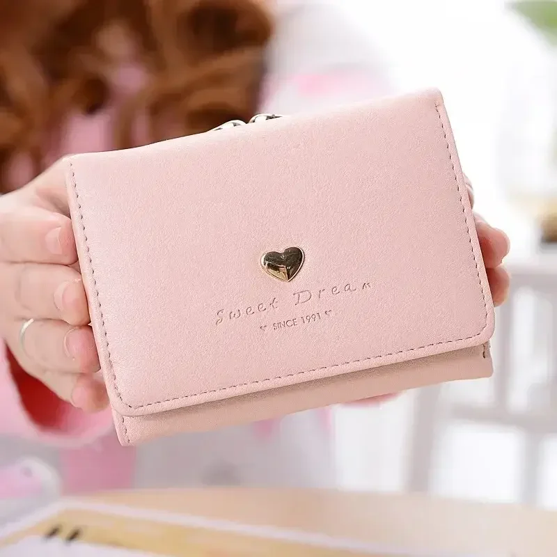 

Womens Small PU Leather Coin Purse Candy Color Vintage Short Wallet with Heart Hasp Card Holder Clutch Bag Foldable handbag