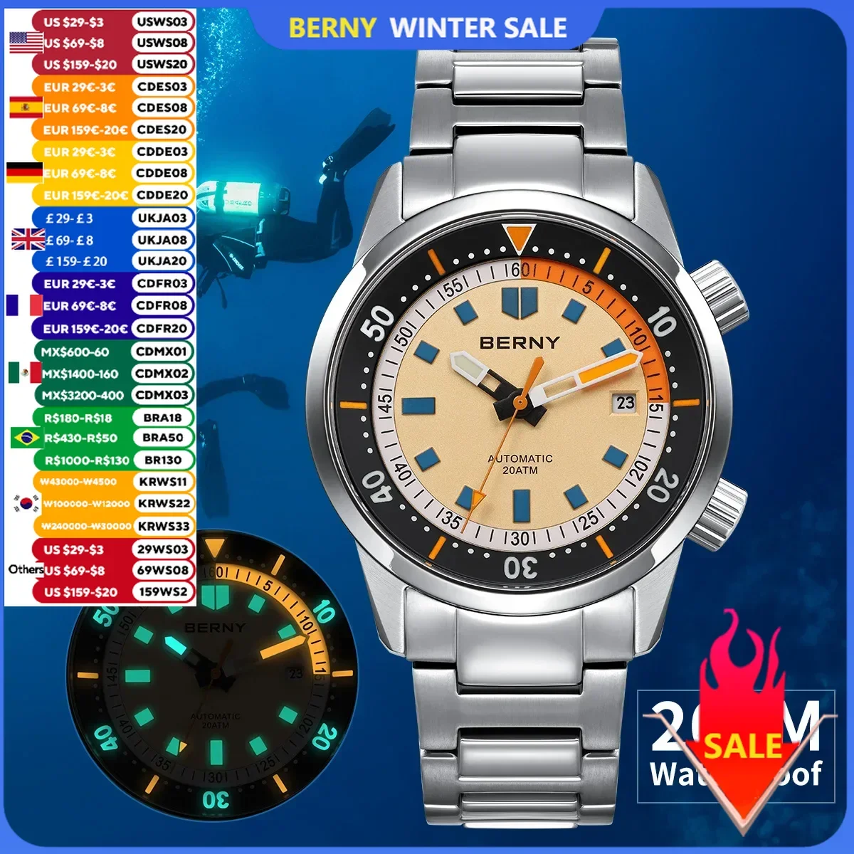 BERNY Automatic Diving Watches for Men 20AMT Super Luminous Mechanical Men\'s Diver Watch Sapphire Full Stainless Steel Dive