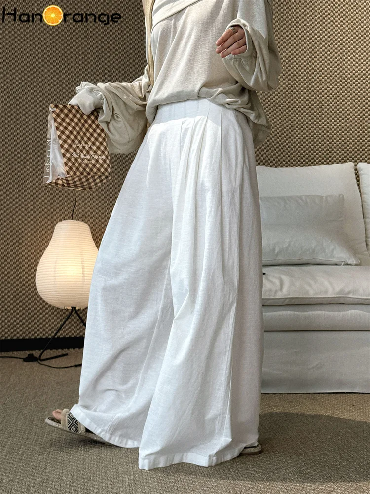 HanOrange Women's Summer Elastic Waist Wide Leg Lyocell Linen Pants  Vintage Style Loose Lightweight Trousers White