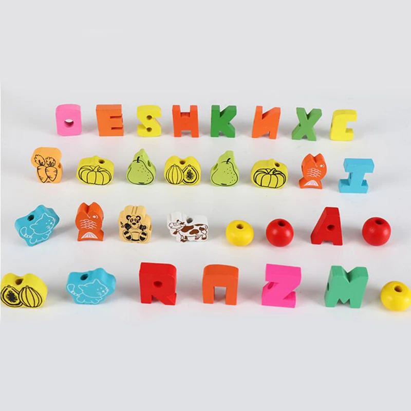 26pcs Children Wooden Beads 1-3 Year Old Infants Baby Stroller Suitable Toys Digital Fruit Animals Boys Girls Birthday Gifts TMZ