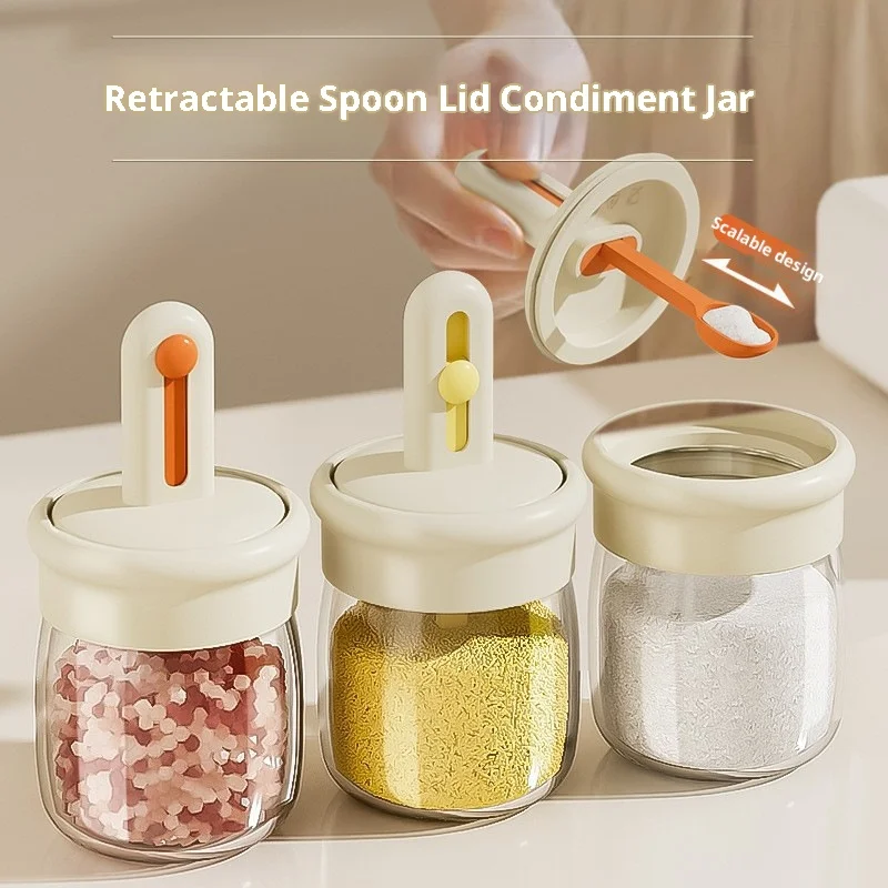 

Kitchen Glass Seasoning Bottle with Retractable Spoon And Lid Salt Jar Sealed Moisture Proof Spice Container Home Use