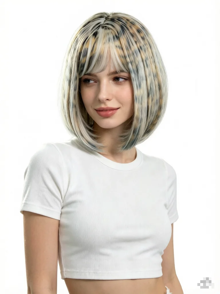 Leopard Print Short Bob Wig Synthetic Hair Straight Flat Bangs Cosplay Daily Costume Party Full Wigs for Women Girls