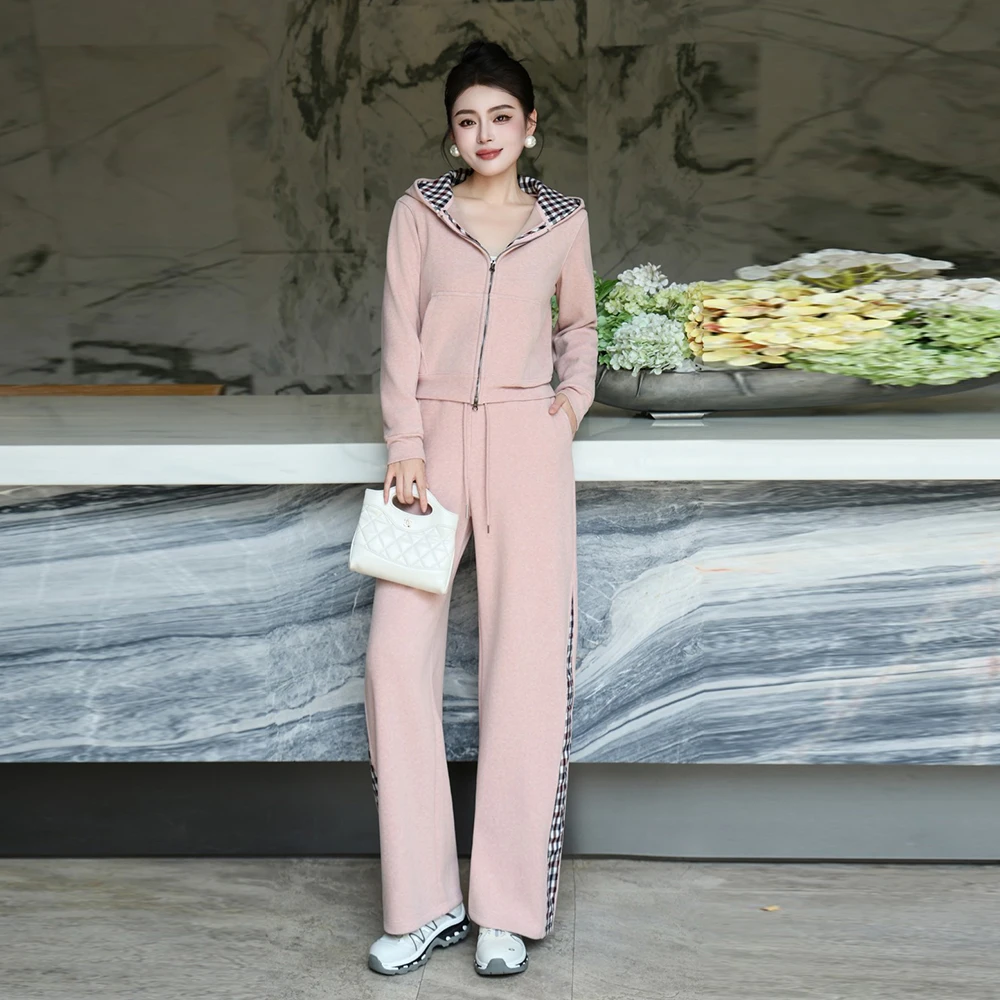 

ZJYT Autumn New Sports Hooded Hoodies Sweatshirt Pants Set 2 Pieces Womens Outfit Casual Top Trousers Suits Female Clothing Sets