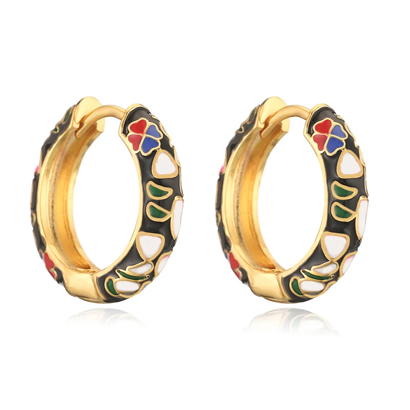 HECHENG, Colorful Flower Small Hoop Earrings Metal Enamel Flowers and Plants Circle Huggie Hoops Female Trendy Jewelry Gift