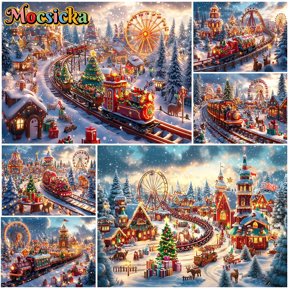 

Mocsicka New Year Party Backdrop Winter Snow Train Track Ferris Wheel Decoration Christmas Festival Photo Background Photography