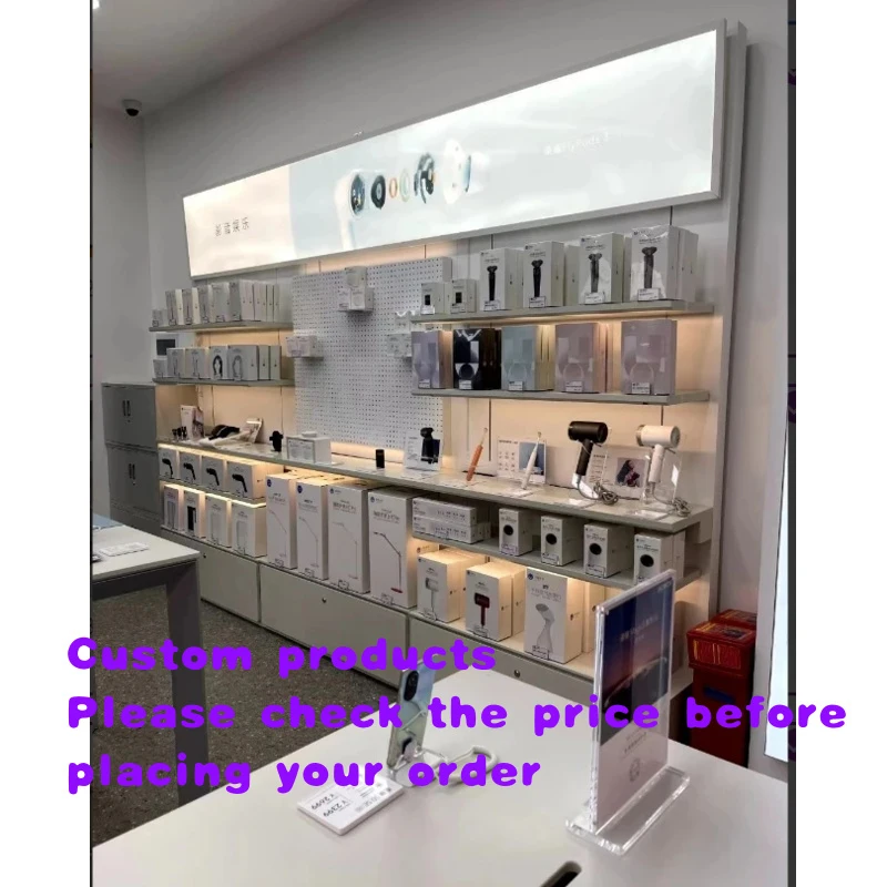 custom.Sharewin New Mobile Phone Shop Design Wooden Display Cabinet Advertising Light Box Electronic Display Rack