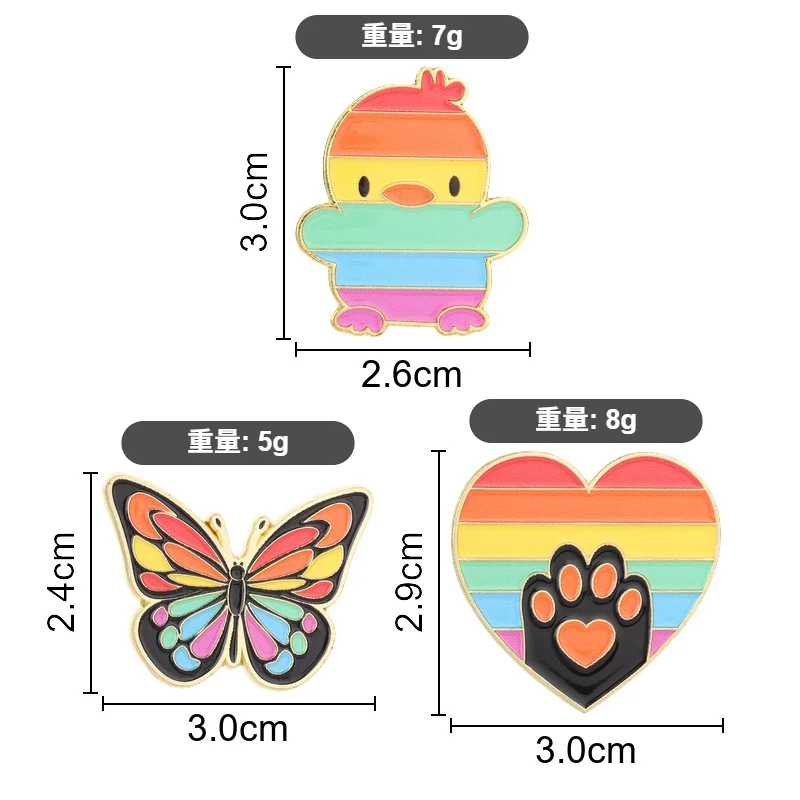 3-Piece Rainbow Pride Series Brooch Set Rainbow Duck Butterfly Paw Print Heart Metal Enamel Pins Equality Diversity Backpack Accessories Badges