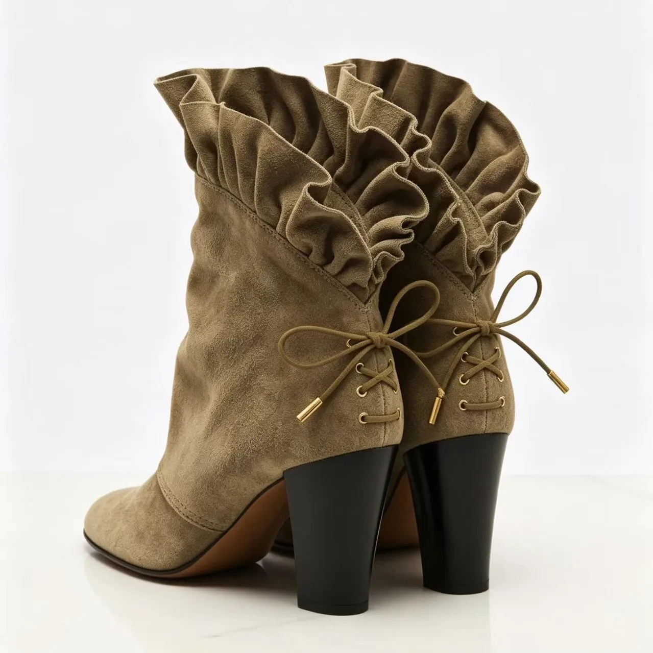 Vintage Khaki Suede Ruffles Back Cross Lace- Up Middle Boots Chunky Heel Pointed Toe Western Woman Booties