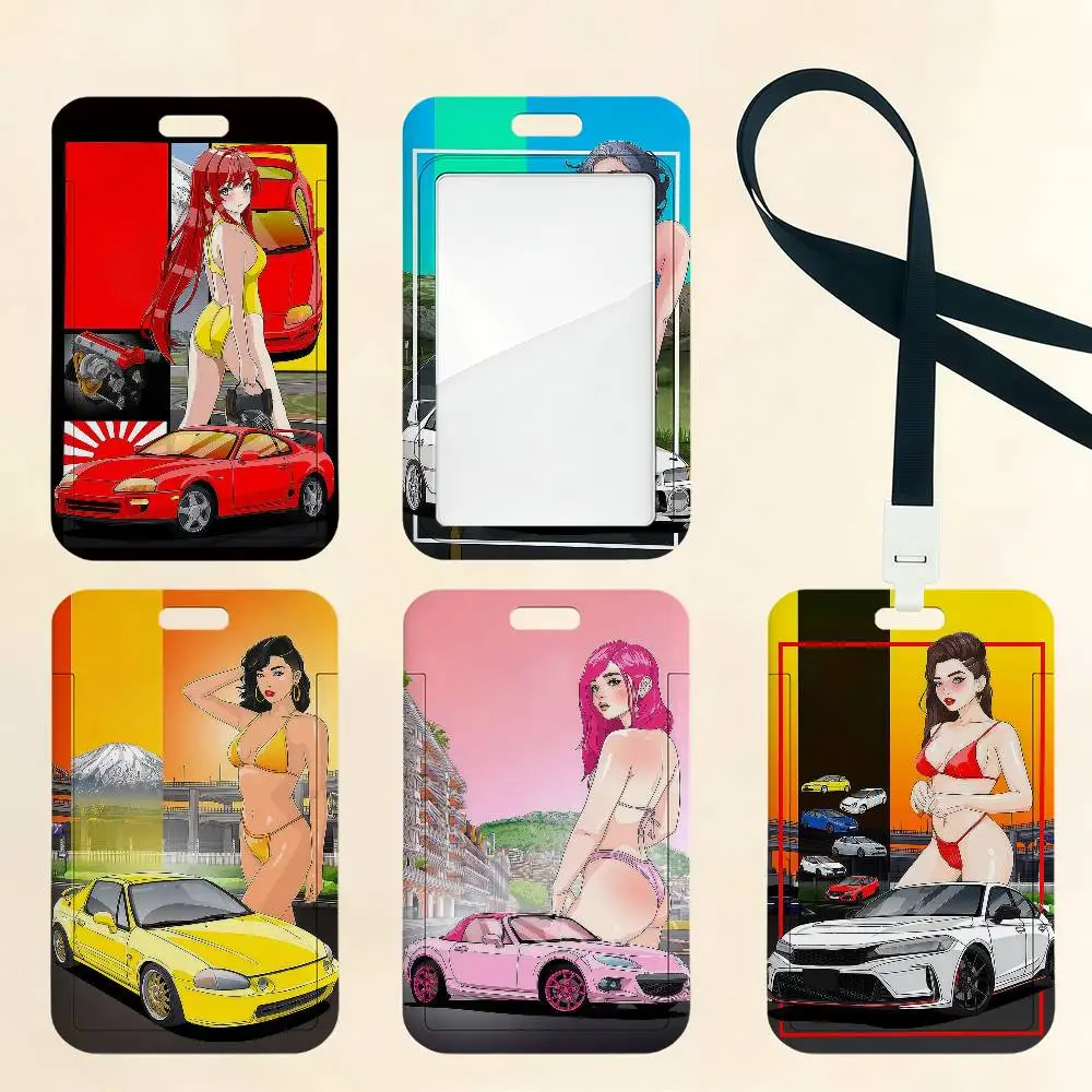 Beautiful Anime Girl Sports Car Card Holder Cardcase Bus Subway Work Permit Student Lanyard Neck Straps Badge Holder Door Card