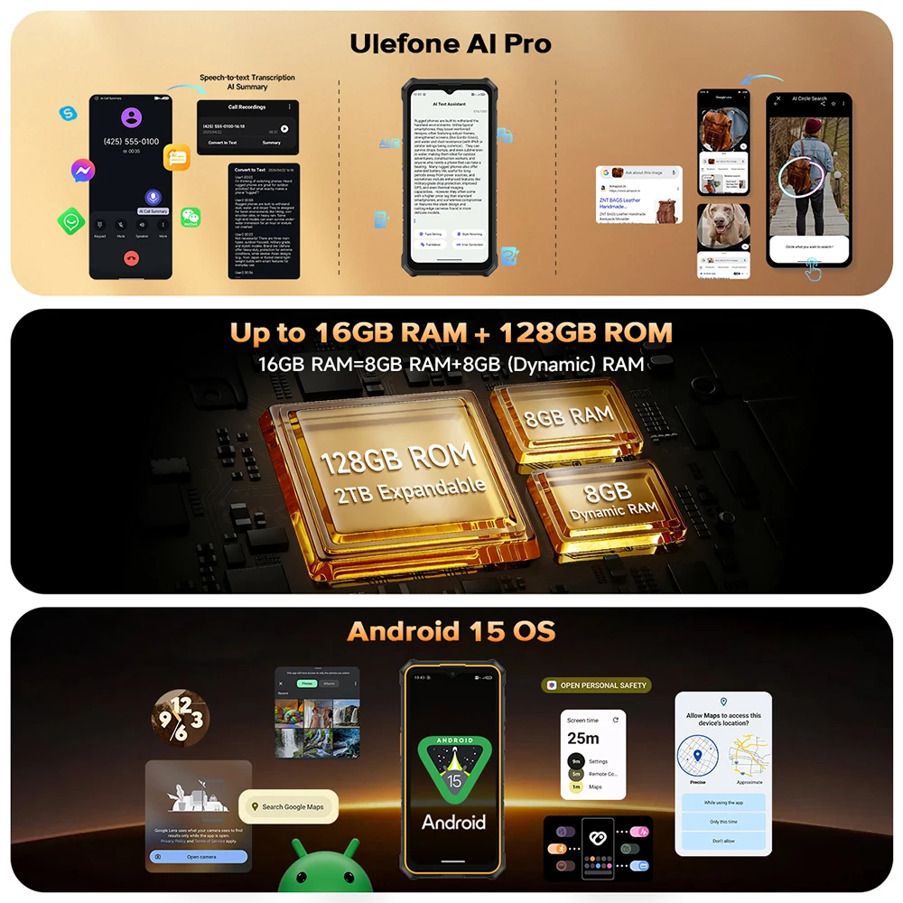 【Weltpremiere】Ulefone RugKing 3 Pro Robustes Smartphone, 6,56 Zoll, 120 Hz, 5700 mAh, Android 15, bis zu 16 GB RAM, 128 GB ROM, NFC, 4G, Global