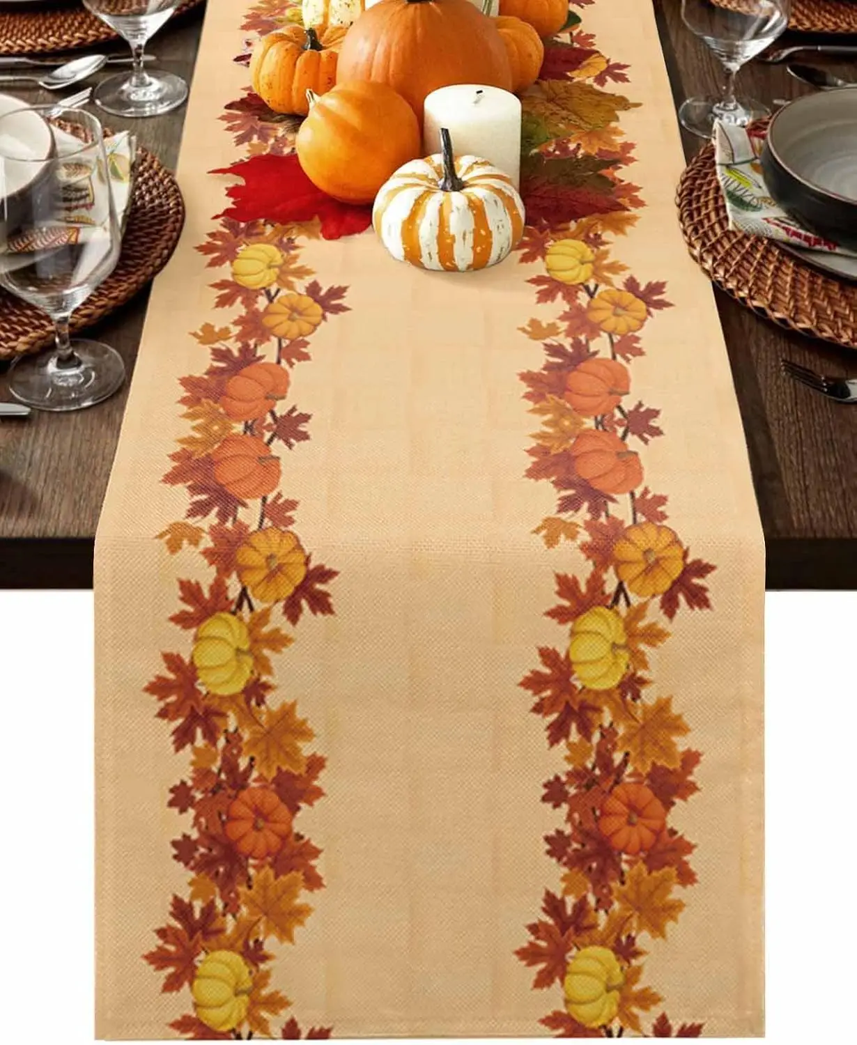 

Thanksgiving Maple Leaves Pumpkin Linen Table Runner Holiday Party Decor Reusable Kitchen Dining Table Runner Wedding Decoration