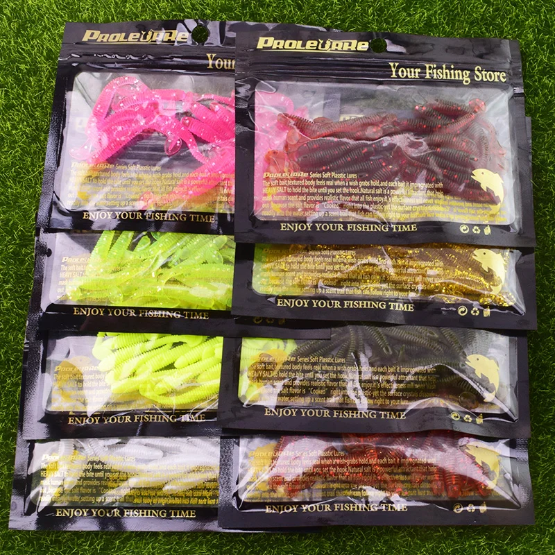 Señuelos blandos en espiral de 47mm, anzuelo de plantilla de 0,7g, cebo de silicona para lubina, trucha, cola en T, Swimbait, aparejos de Pesca