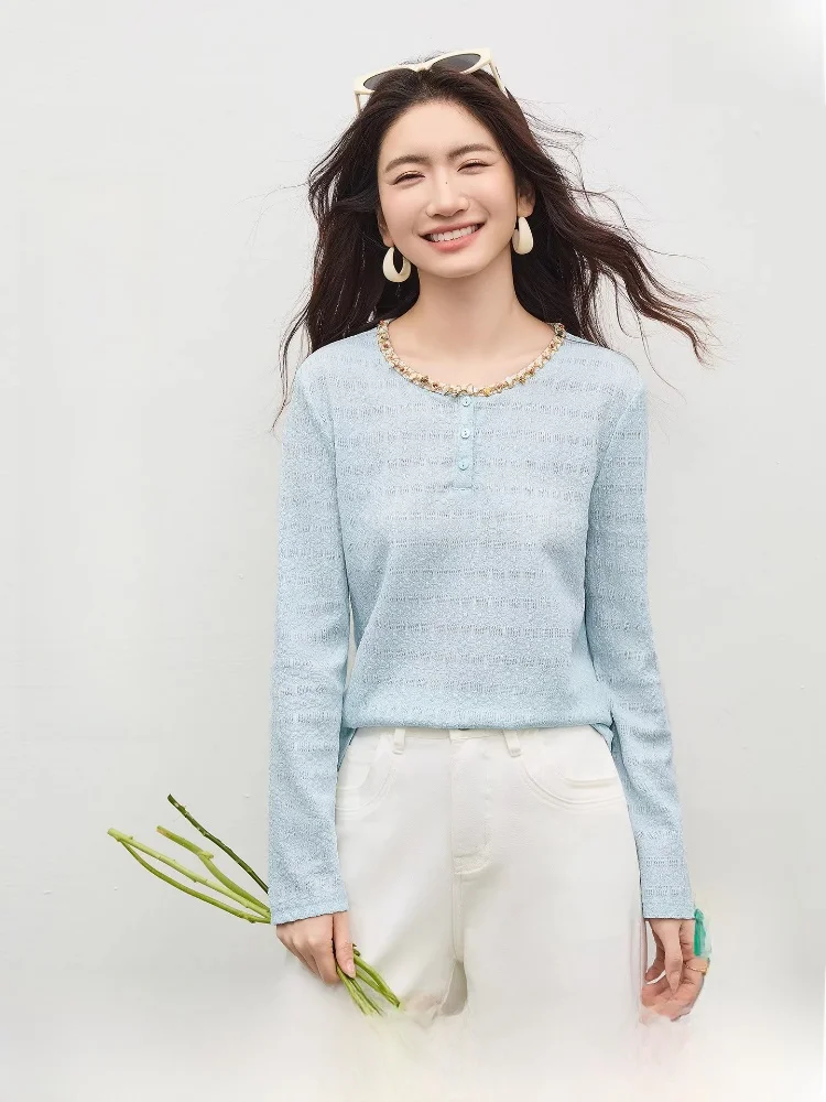 

Элегантный шифоновый топ для женщин с круглым вырезом, вязаный, с кружевной отделкой и тканой лентой, весна 2026, модный, из полиэфирного волокна, длинный...