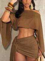 Women's 2 Piece Skirt Sets Off Shoulder Cape Sleeve Crop Top Ruched Wrap Bodycon Mini Skirt Party Clubwear Outfits