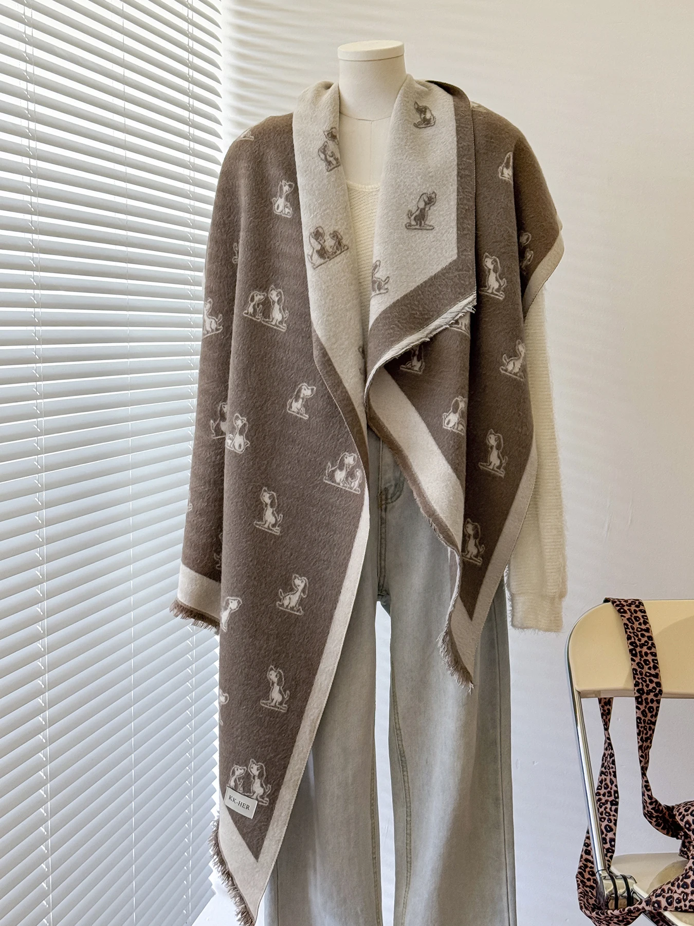2026 New Women Winter Wool Scarf, Long Warm Cashmere‑Like Dog Print Shawl, Reversible Fringed Headscarf for Cold Winter Days