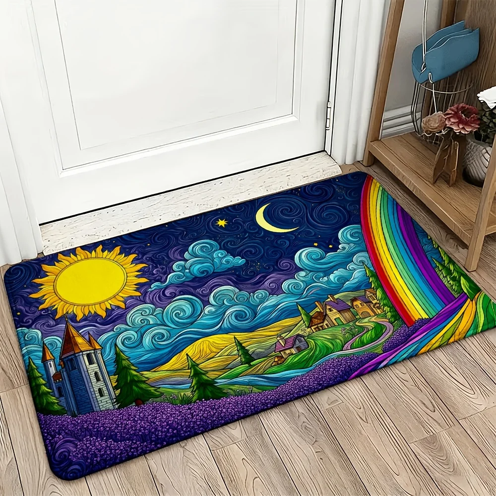 Colorful Rainbow Sun Moon Doormat Entrance Mat House Decor Fantasy Rainbow Archway Indoor Outdoor Welcome Mat 40x60cm
