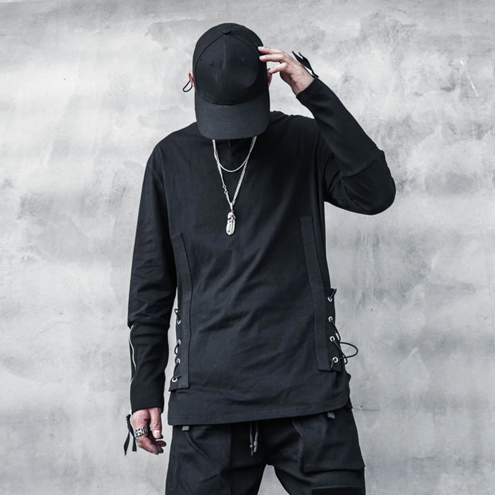 AOGZ Spring Zipper Sleeve Straps Hoodies Punk Sweatshirts Pullover Men Loose Casual Long Sleeve Tops Techwear Streetwear Black