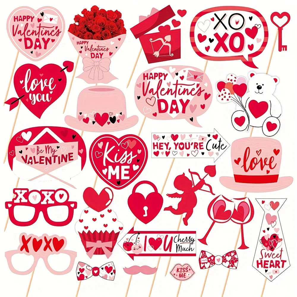 25 Stück rosa Handheld-Foto-Requisiten, Valentinstag, romantisches Schild, Fotoautomaten-Requisiten für Paare, Party, Selfie-Shooting, Capture-Dekoration