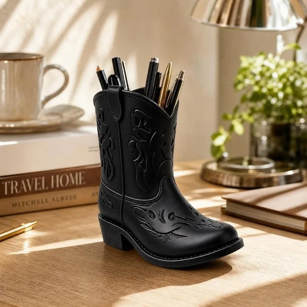 Vintage Western Style Cowboy Boot Statue 3D Printed Ornaments Pencil Holder Home Decor Boot Shaped Vase Study Room