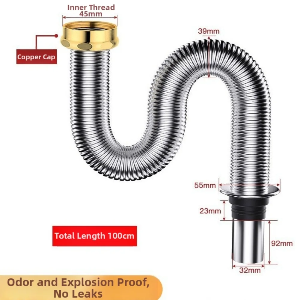 Sink Siphon with Flexible Stainless Steel Tube Proof Silicone Ring Seal Heat Resistant for Reliable and Clean Drainage