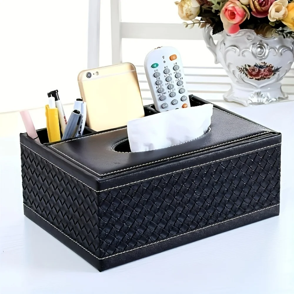 

Stylish PU Leather Extractable Tissue Box for Living Room with Remote Control Holder, Multifunctional Desktop Storage Box for Ti