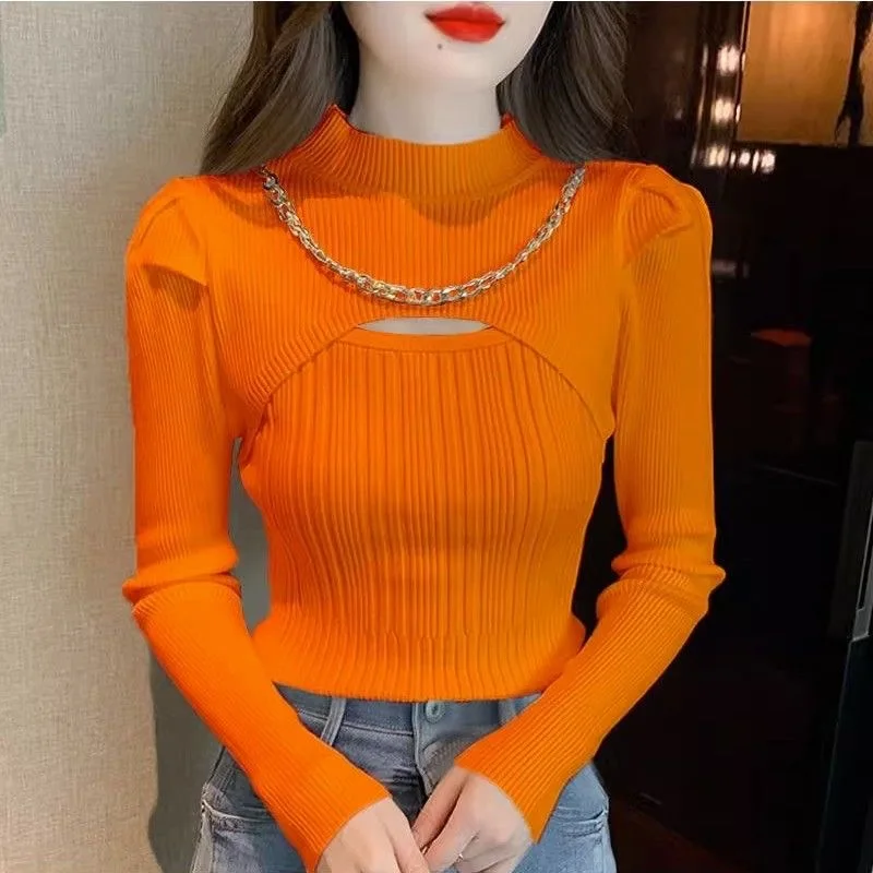 Fdfklak Spring Autumn Women Sweaters Sleeves Half-high Collar Bottoming Shirt Knitwear Yellow Orange Pullovers Korean Jumpers