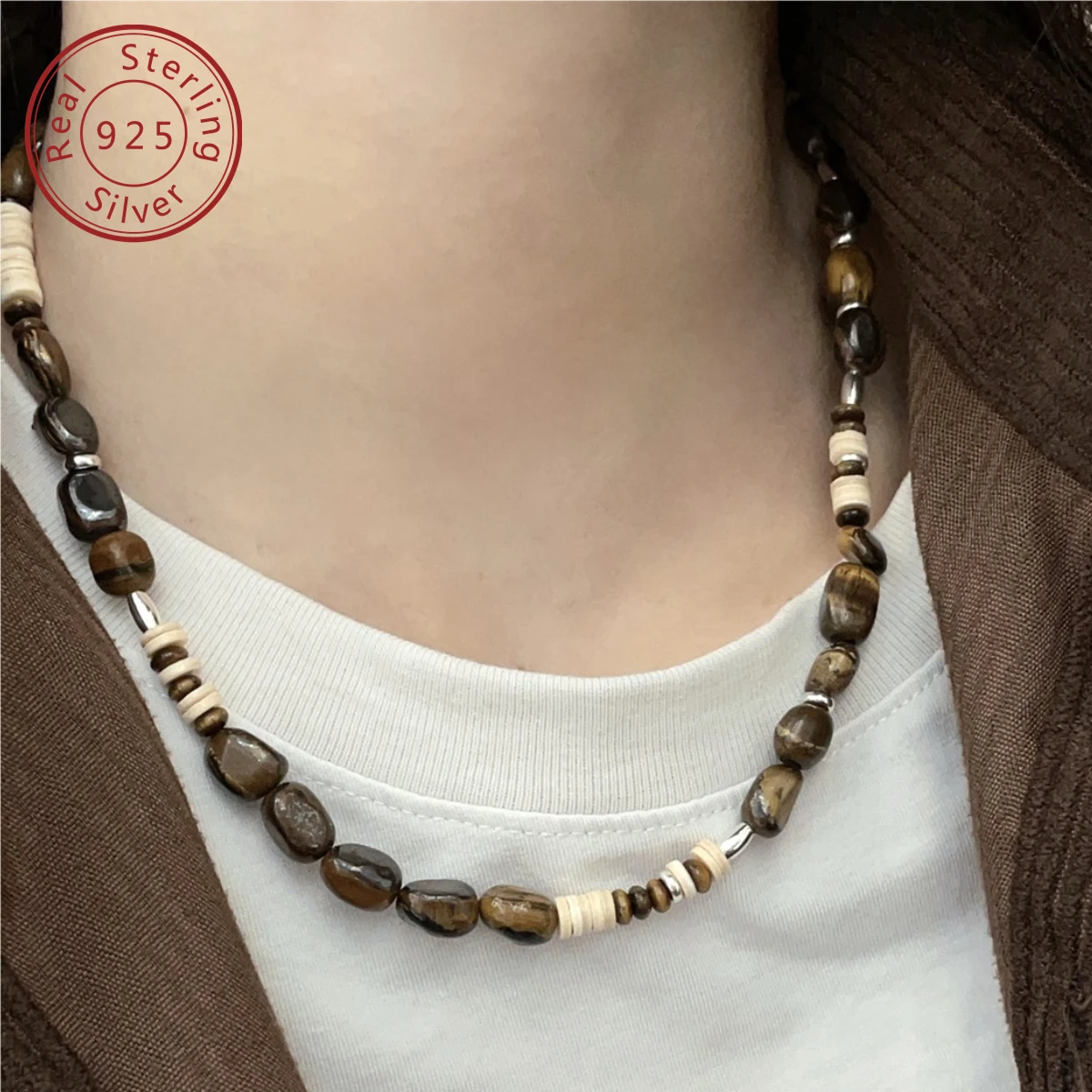 

925 silver autumn and winter new middle ancient style natural tiger eye stone shell pearl beaded necklace, niche design sense