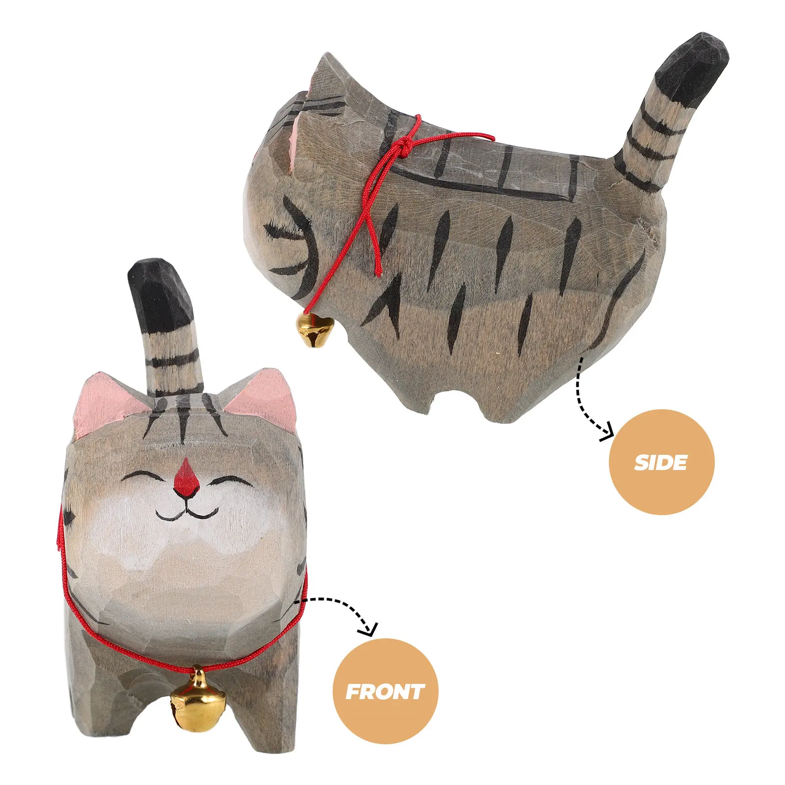 Mini Carved Wooden Cat Statue Natural Grain Texture Bell Charm for Living Room Bedroom Car Interior Decor Handmade Cat Sculpture