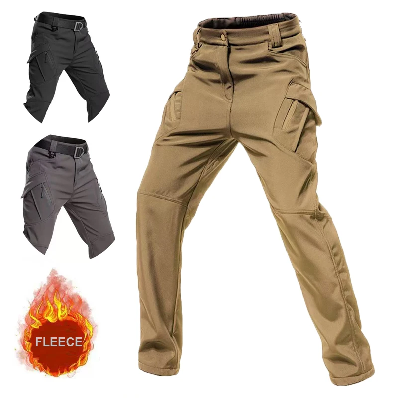 

Men Cargo Military Tactical Casual Trousers Sharkskin Elastic Winter Autumn Warm Fleece Pants Waterproof Hiking Camping Climbing