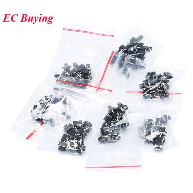 70pcs 6*6 Tact Switch Tactile Push Button Switch Kit 6x6x4.3/5/6/7/8/9/10 SMD Assortment Diy Component Kit 7kinds*10pcs