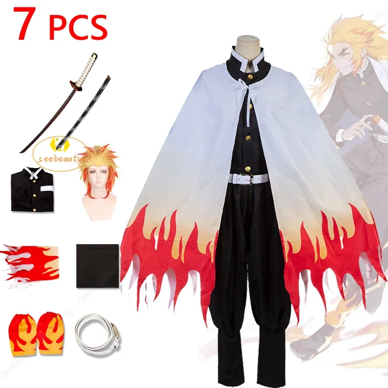 Anime train Mugen bengoku kyojuro cosplay costume kimaki no Yaiba Demon Slayer adult kids wig Katana sward cosplay outfit