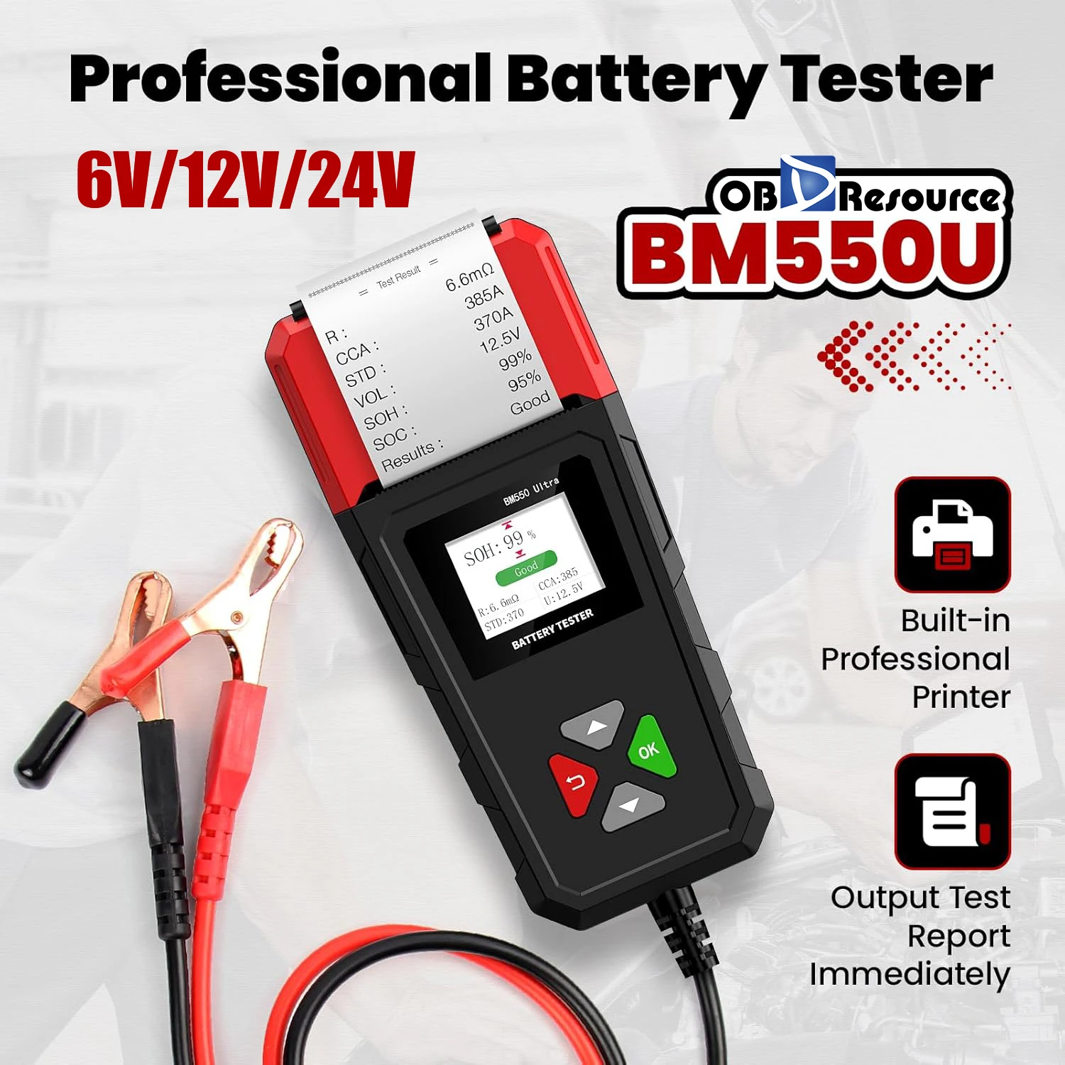 

Тестер автомобильного аккумулятора BM550U 6 В/12 В/24 В 100-2000CCA 1,8 "HD-экран Автомобильный цифровой тестер напряжения аккумулятора со встроенным принтером