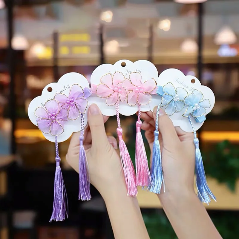 

2PCS Chinese Flower Princess Tassel Hairpins Children Sweet Headwear Girls Hair Clips Cute Barrettes Hairgrips Hair Accessories