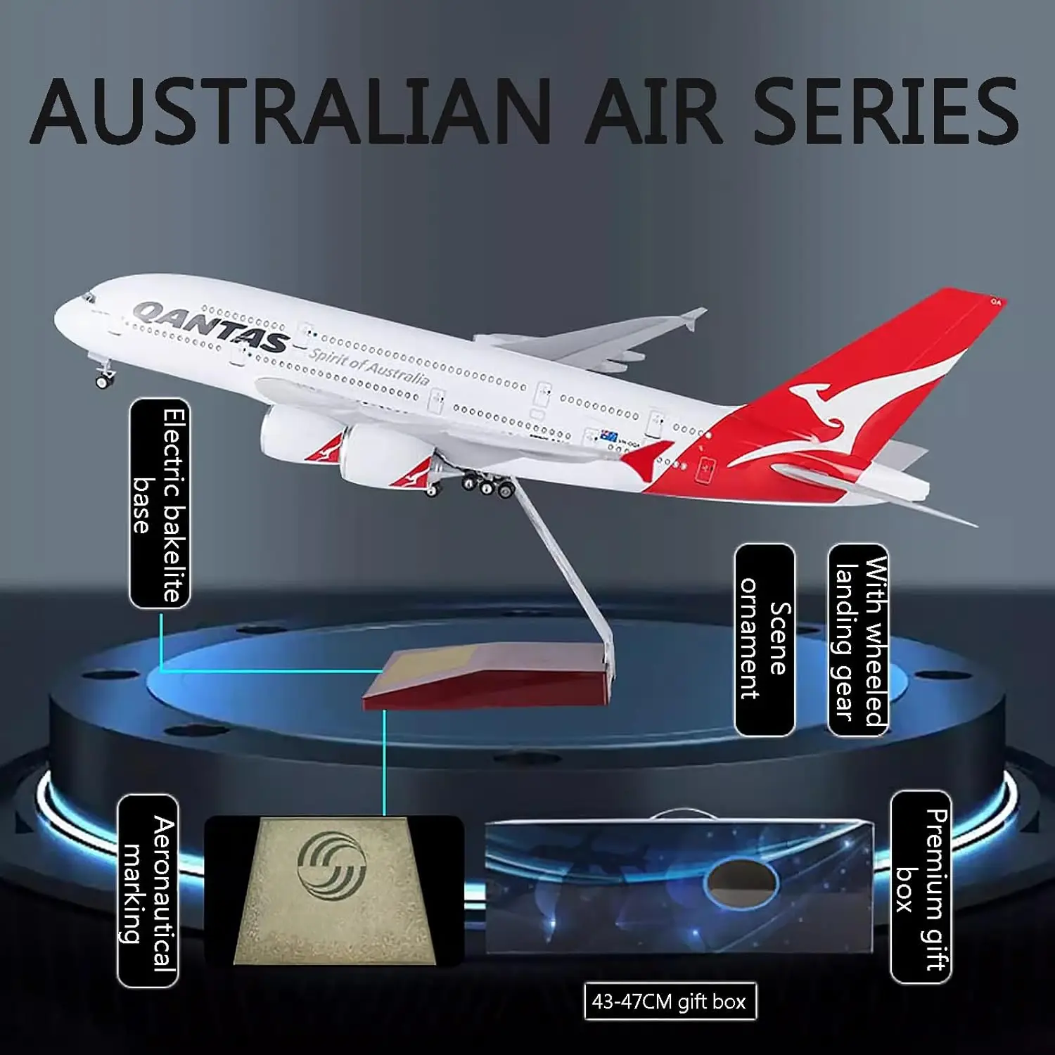 1:160 الخطوط الجوية الأسترالية A380 Qantas نموذج طائرة الطيران المدنية مع نموذج معدات الهبوط الخفيفة نموذج محاكاة نموذج ثابت