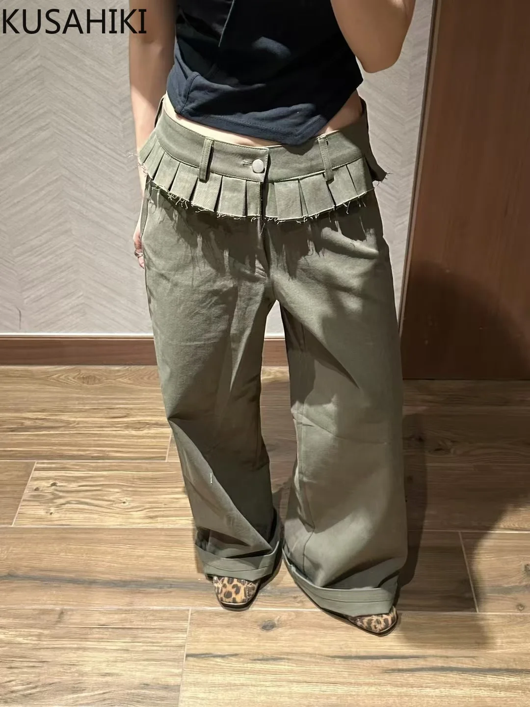 

KUSAHIKI плиссированные искусственные повседневные брюки из двух предметов для женщин, весенние широкие длинные брюки с высокой талией для девочек