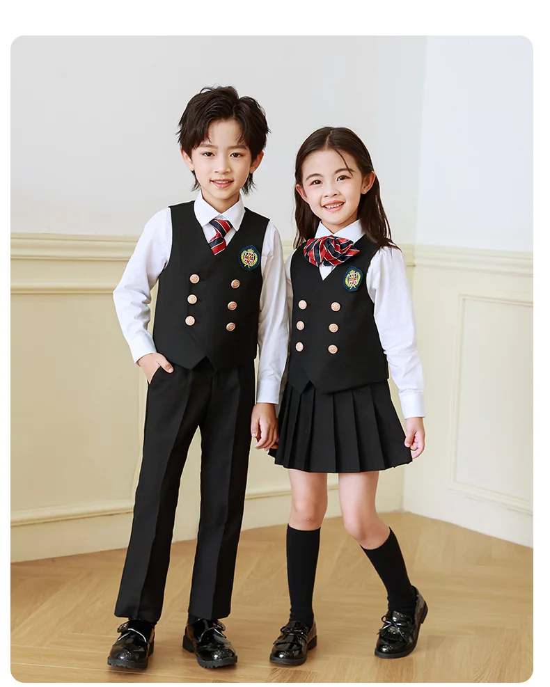 Coole Kinder-Formelle Weste für Jungen, Doppelknopf-Blazer-Weste, Mädchen-Geburtstagsfeier-Hochzeitskleidung, Kostüm in Schwarz, Grau, Königsblau – Detail 9