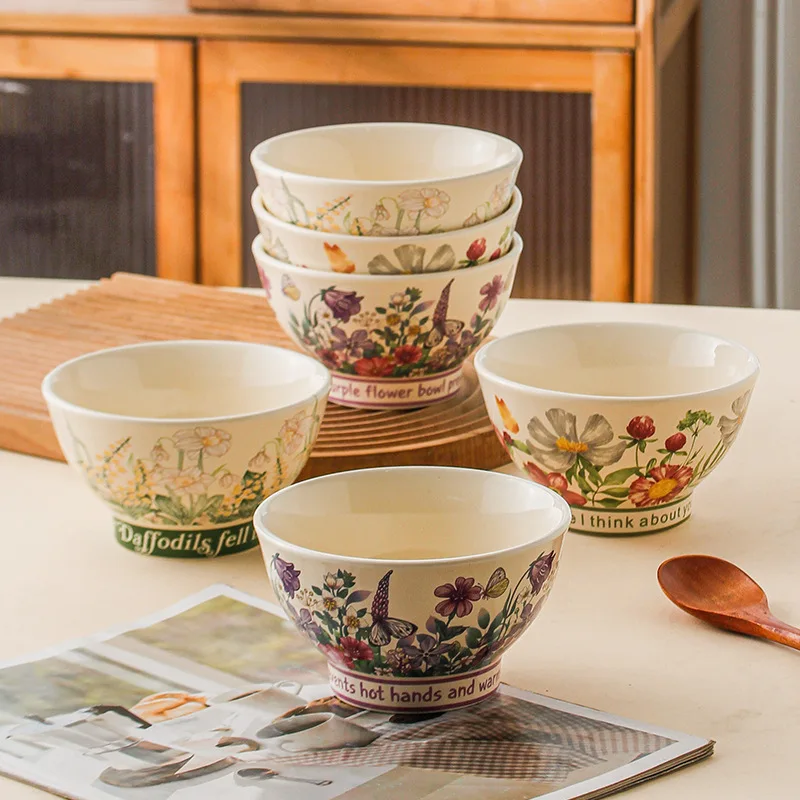 

Hand-paint Lily Household Rice Bowl Ceramic High-foot Noodle Soup Salad Bowls Flower Ramen Tableware Home Breakfast Yogurt Dish