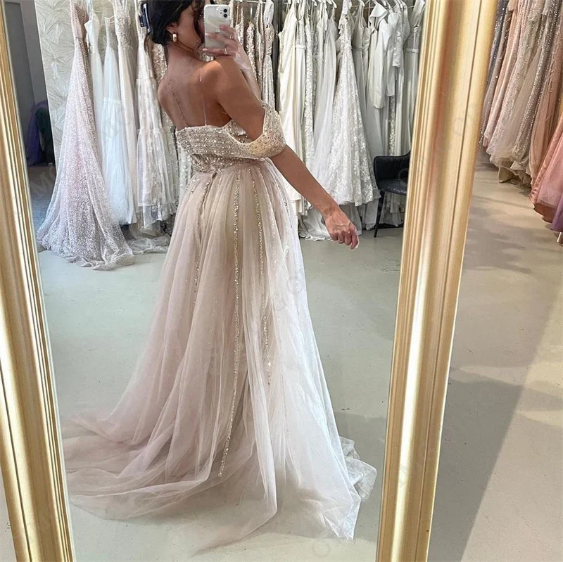 OIMG Lavender Shiny Sequins Prom Dresses Saudi Arabia Women Luxury Side Slit Off Shoulder Mermaid Evening Party Special Gowns