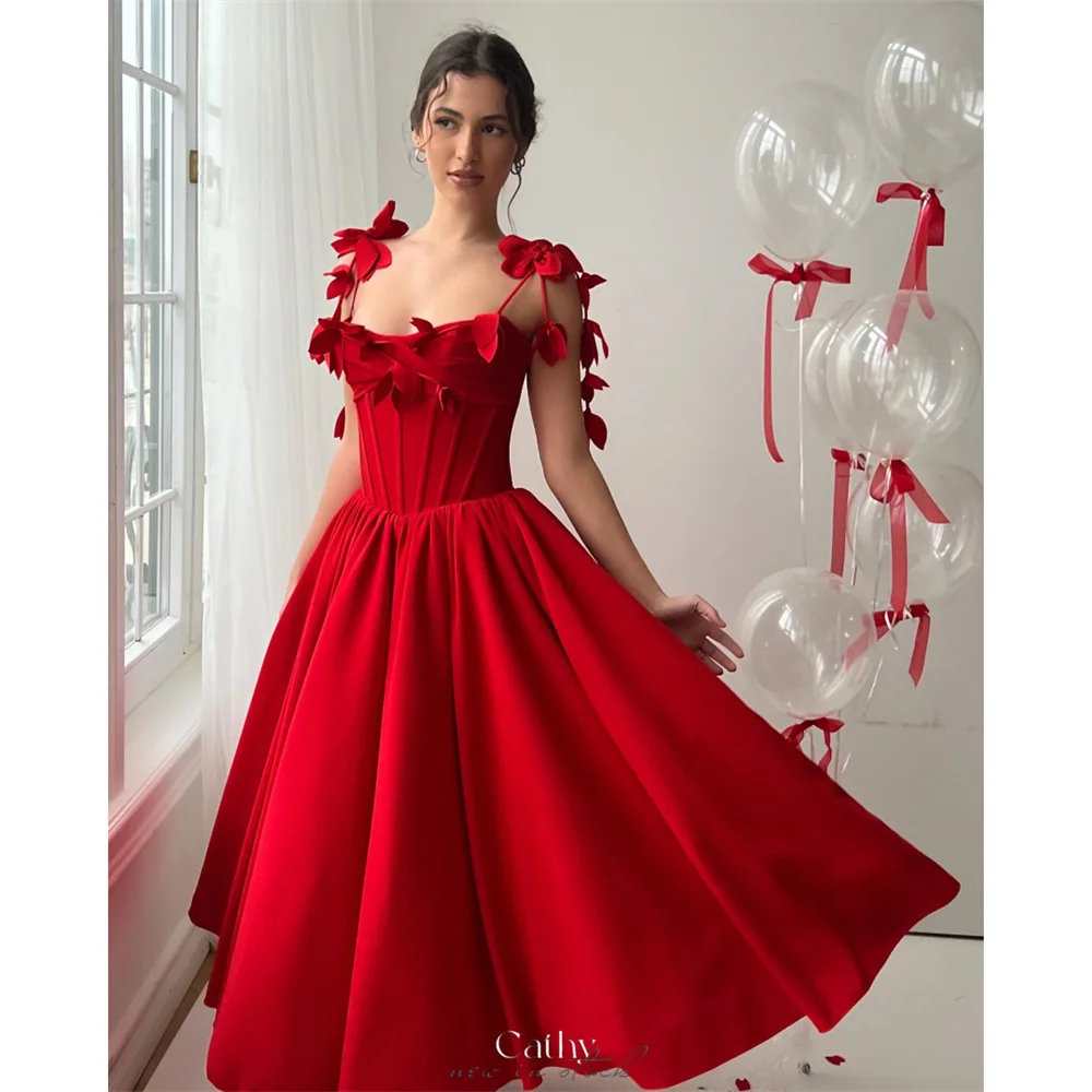 

Cathy Customized Rose Red Floral Spaghetti Stap Prom Dress A-line Ankle-length vestidos de noiva Sleeveless Evening Dresses 2025