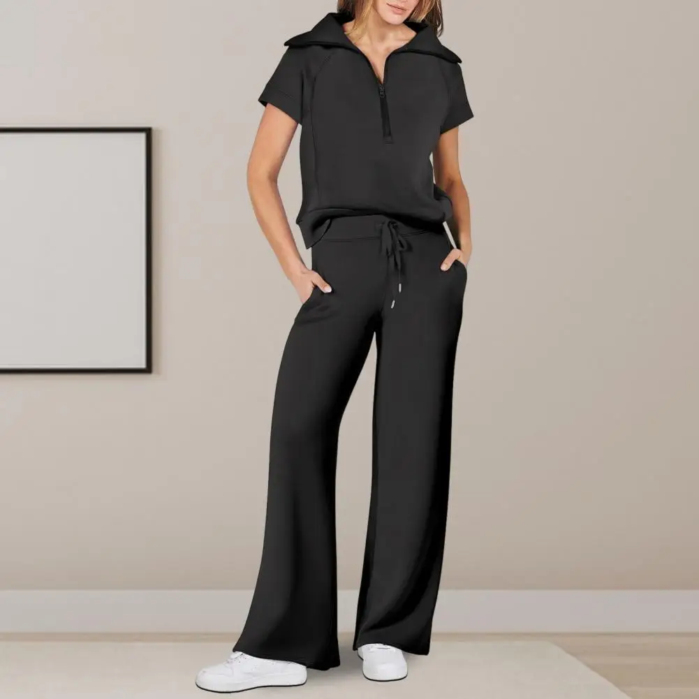 Women Top Pants Set Stylish Women's 2-piece Set Half Zipper Collar Top Elastic Waist Wide Leg Trousers Chic Outfit for Any