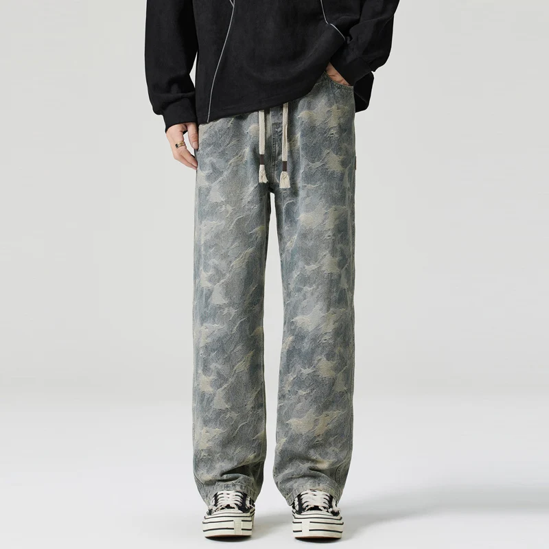 

American Sle Men's Jeans Spring Autumn Loose Straight Leg Casual Wide Leg Pants Star Pattern Trendy Brand Cotton Blend