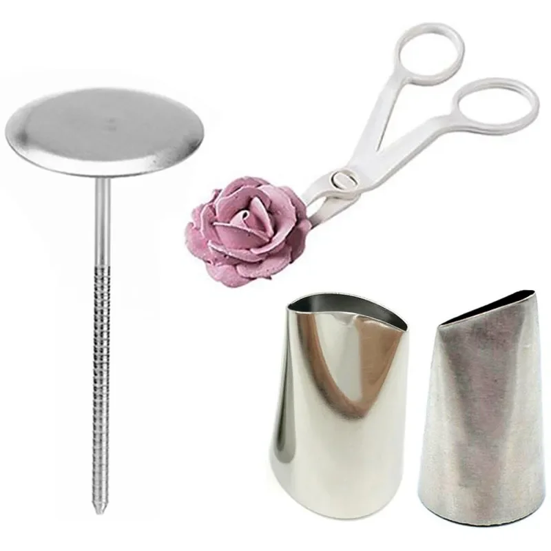 4pcs/set Cake Decorating Tools 2 Piping Nozzle 1Cake Scissors For Cream Flower Transfer Tool 1pc Cake Flower Stand Nail Mold