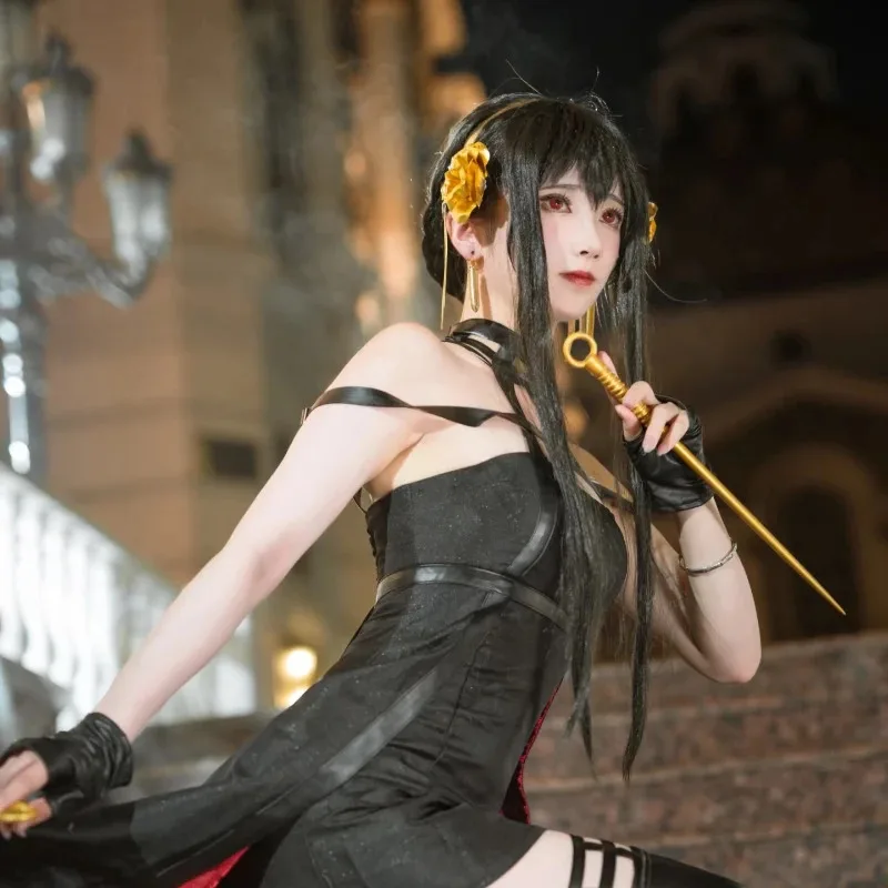 SPY×FAMILY Yor Forger, аниме, карнавальный костюм, черное женское платье, парик, серьги, полный комплект, наряды для вечеринок на Хэллоуин