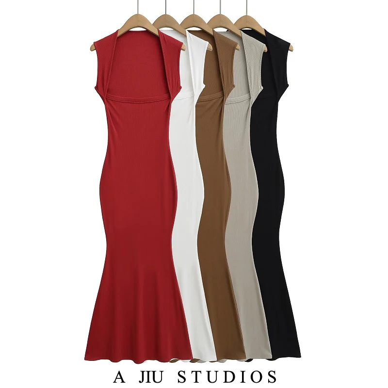 

Sexy Square Collar oulder Wrap Fi Tail Long Dr Women's Summer Slimming Bodycon Skirt Single Piece Full Length Pure Color