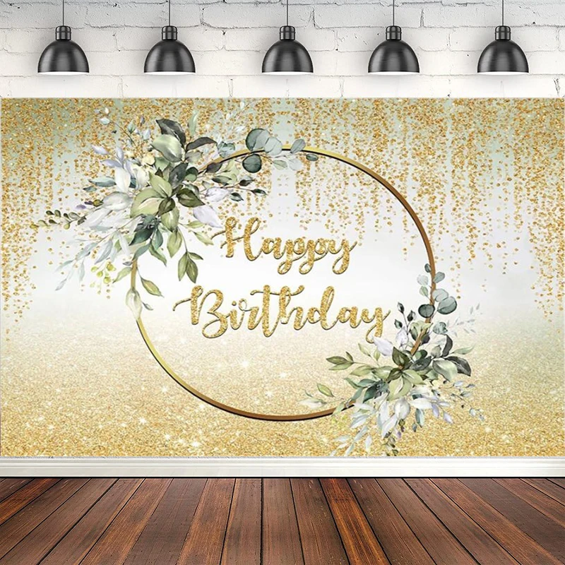 Gold Glitter Birthday Photography Backdrop Adult Theme Greenery Leaves Backgroud Poster Photo Studio Women Girls Decor Banner