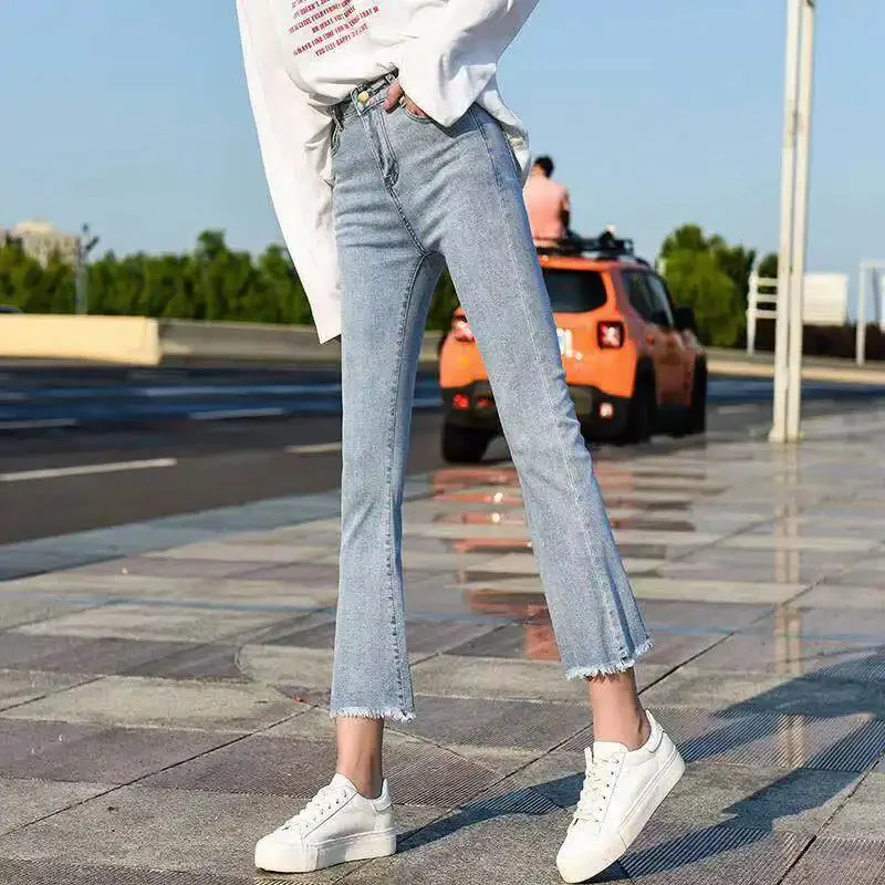 

Korean Summer High Waist Slim Flare Jeans Women Elegant Ankle Length Denim Pants Sweet Vaqueros Stretch Jeansy JJ289