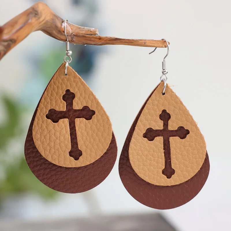 Geometric Hollow Out European Style Double-Sided Cross Charm Mom's Earrings Water Drop Leather Women's Ear Studs