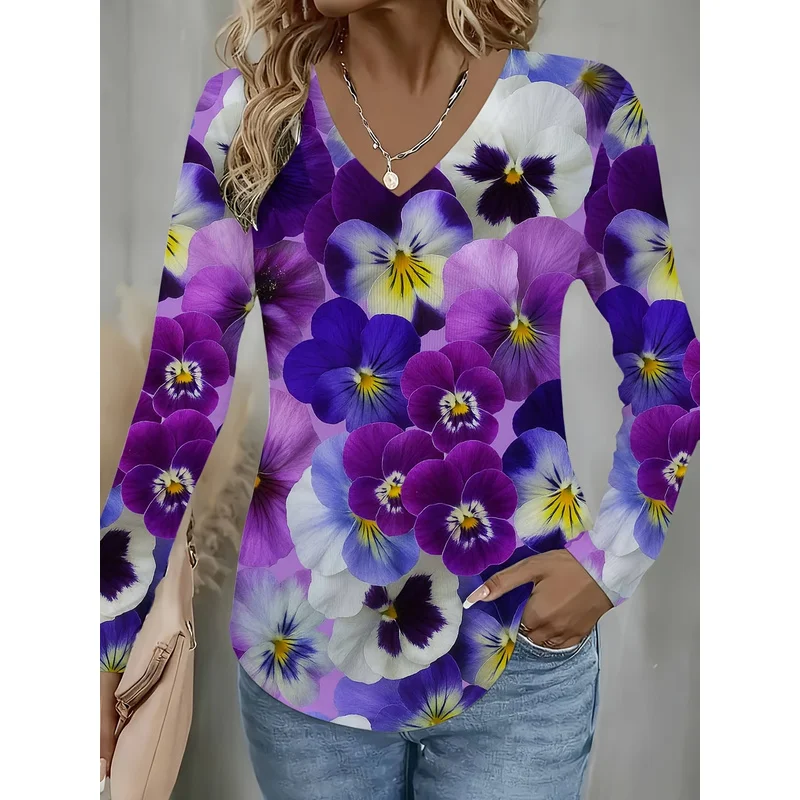 Long Sleeve V-Neck T-Shirt, Purple Violet Print Women'S Casual Wear, Spring Autumn Top, Street Style